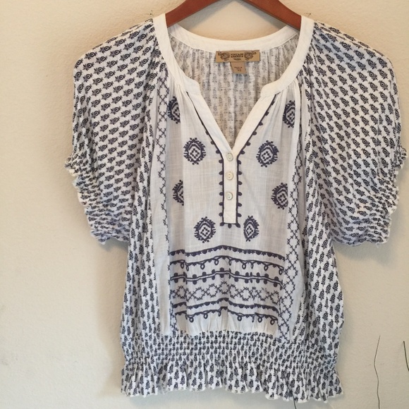 Vintage America Tops - Vintage America Blues Embroidered Cotton Top Blue White Boho Peasant Blouse XS